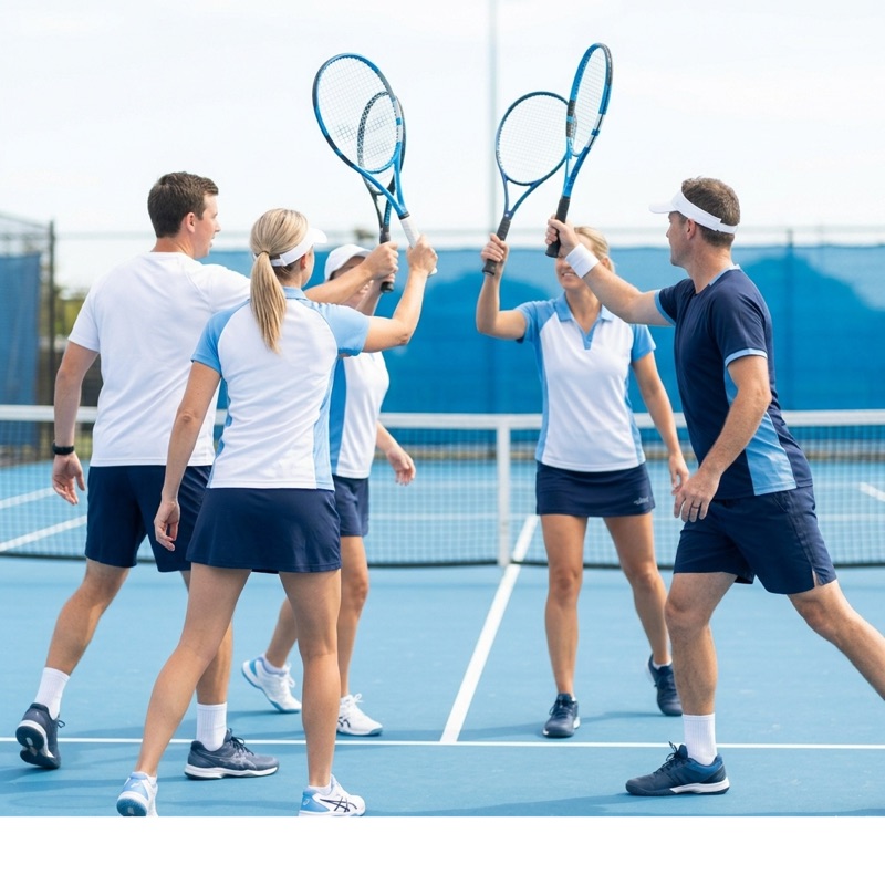 Adults playing tennis in a coaching session