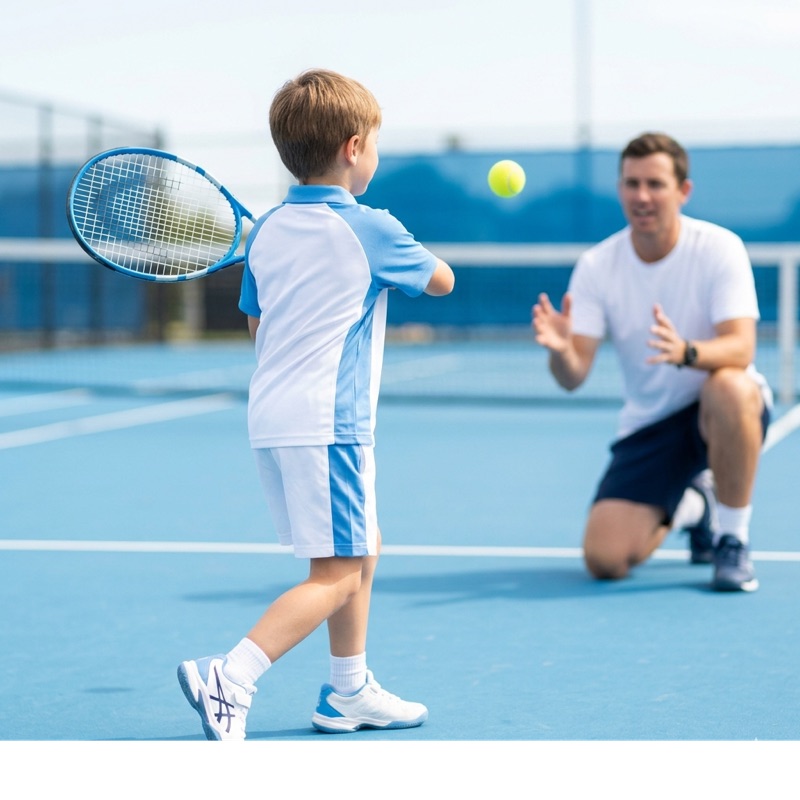 A coach helping a junior player on court